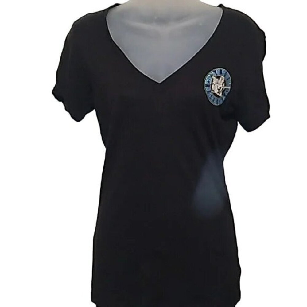 True Religion Black Rhinestone Y2K V-Neck T-shirt - Picture 5 of 6